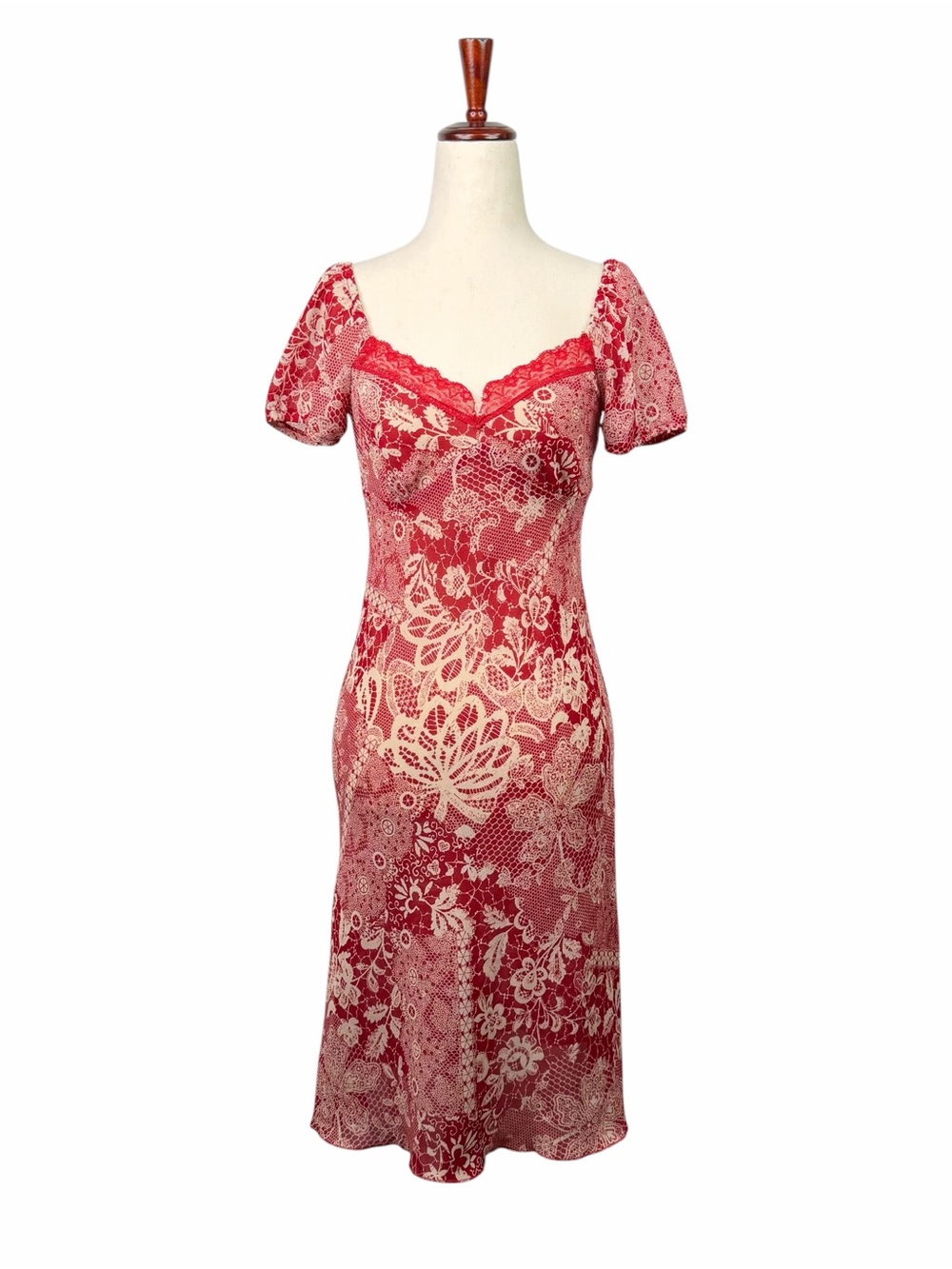 VTG Y2k Heart Moon Star Red Floral Knee Length Dress Coquette Romantic Sheer XS